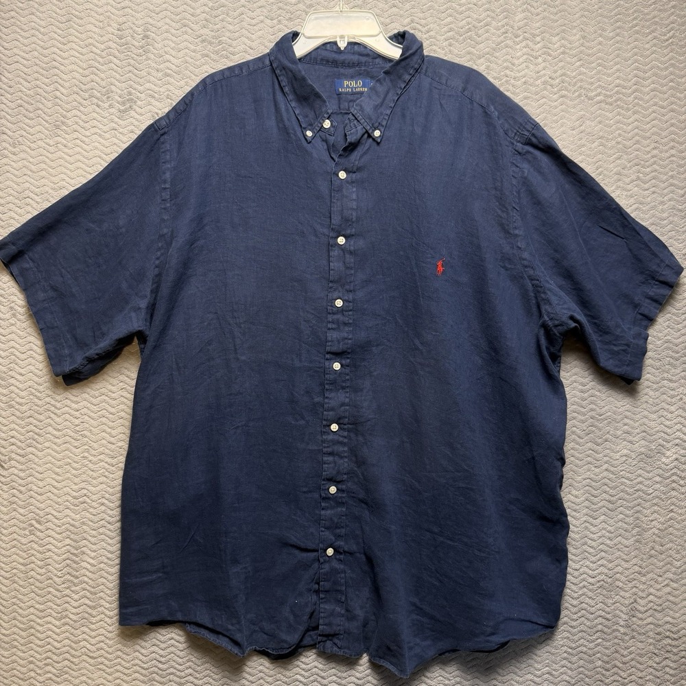 Polo Ralph Lauren Shirt Mens 3XB Navy Blue Linen Short Sleeve Button Up 3TG